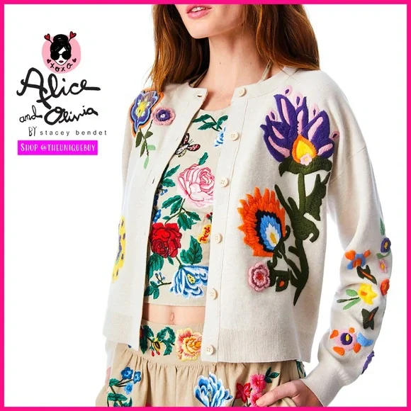 Alice + Olivia Lelia Floral Embroidered Cardigan Sweater Top - Picture 4 of 16